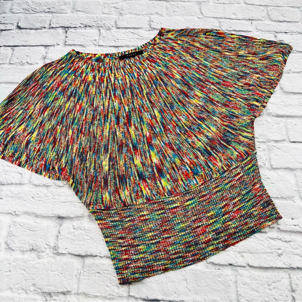 Fever Multicolor Knit Top Size Medium Dolmain Sleeve Multi Color Cinch Waist